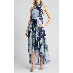 Eliza J Women's Sparkly Floral Print Chiffon High Low Maxi Dress Blue Size 8